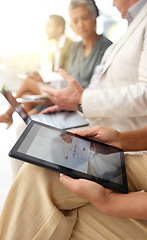 Image showing Tablet, search bar and business people in office for recruitment, job interview and application. Technology, networking and hands of worker with digital tech in row for website, internet and research