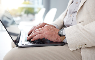 Image showing Typing, senior and laptop with hands of man in waiting room for job interview, information and search. Application, hiring and online with person in office for planning, internet and preparation