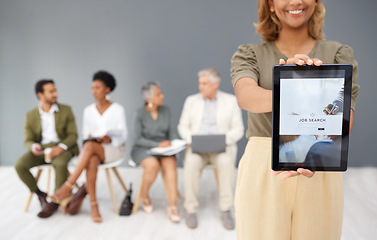 Image showing Search bar, tablet and job interview with business people in waiting room for recruitment, hiring and onboarding. Technology, website and human resources with woman for resume, online and internet