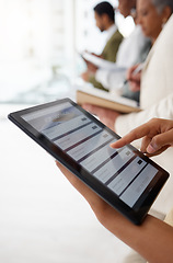 Image showing Hands, tablet and job listing advertising for hiring, opportunity or recruiting agency at the office. Hand of recruiter or intern searching online on touchscreen screen for recruitment or employment