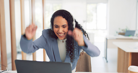 Image showing Phone call, communication and business black woman at desk in conversation, discussion and b2b networking. Technology, success and female employee with laptop for planning, schedule and strategy