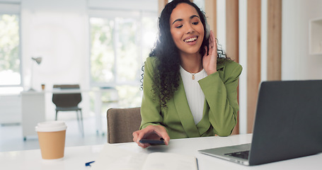 Image showing Phone call, communication and business black woman at desk in conversation, discussion and b2b networking. Technology, success and female employee with laptop for planning, schedule and strategy