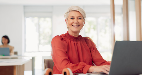 Image showing Laptop, face and senior business woman doing feedback review of financial portfolio, stock market or investment. Online research, bitcoin mining and portrait of trader trading nft, forex or crypto