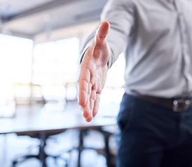 Image showing Welcome, opportunity and business man with a handshake in office for recruitment, onboarding or hiring. Partnership, collaboration and professional shaking hands for contract, agreement and deal.