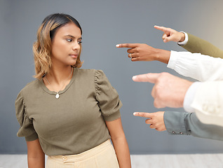 Image showing Guilty, pointing and fingers with business woman for bullying, shame and accusation in workplace. Fraud, blame and judgment with employee for negative, conflict and responsible with wall background