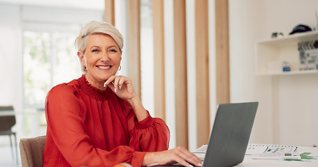 Image showing Laptop, face and senior business woman doing feedback review of financial portfolio, stock market or investment. Online research, bitcoin mining and portrait of trader trading nft, forex or crypto