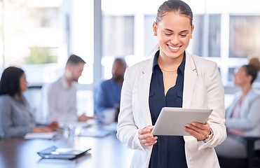Image showing Business woman, smile and tablet in office for research, internet browsing or email. Technology, digital touchscreen or happy female employee or professional networking, social media or web scrolling