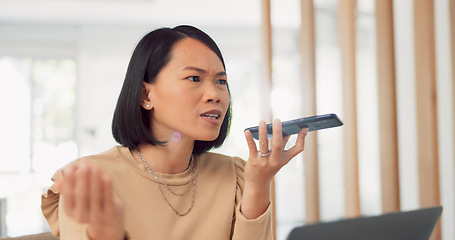 Image showing Asian woman, frustrated and phone call discussion in office for online business communication, employee stress and anxiety. Angry female, smartphone call and upset boss for online networking conflict