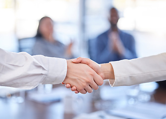 Image showing Handshake, teamwork and b2b partnership, agreement or deal, contract or onboarding. Thank you, welcome and business people shaking hands for collaboration, hiring or crm, recruitment or greeting.