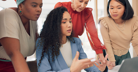 Image showing Business, laptop or woman talking to team, explain or planning for digital marketing, online research or new process. Staff, mentor or group discussion, website launch or corporate training in office