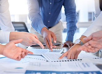 Image showing Documents, teamwork and hands pointing in office for planning sales strategy. Cooperation, collaboration and group of business people with report, paperwork or information in meeting for research.