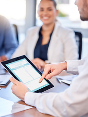 Image showing Business man, hands and tablet in meeting for schedule planning, notes or minutes in collaboration. Hand of male team leader holding touchscreen for planner, reminder or managing corporate tasks