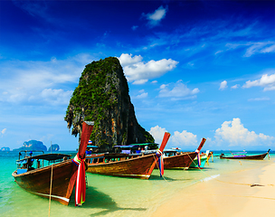 Image showing Long tail boat on beach, Thailand