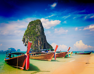 Image showing Long tail boat on beach, Thailand