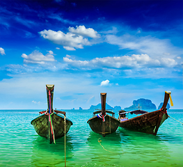 Image showing Long tail boats on beach, Thailand