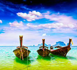 Image showing Long tail boats on beach, Thailand