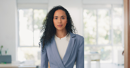 Image showing Business woman and face with stop hand for assertive and serious gesture for rejection at workplace. Corporate black woman in office portrait with palm zoom for warning, discrimination or harassment