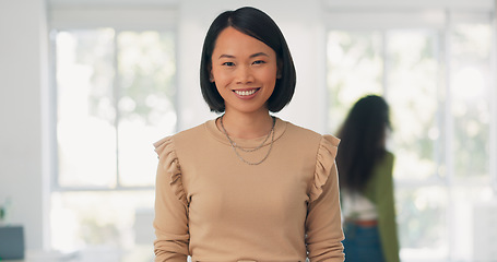 Image showing Asian woman, portrait and business person with a happy smile at busy office as corporate leader. Female entrepreneur as startup company manager during Christmas holiday for growth and development
