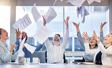 Image showing Office, celebrate or happy people throw documents, financial paperwork or portfolio for business profit, investment growth or success. Bank cheers, meeting and finance group excited for revenue