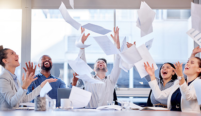 Image showing Documents, winner and success with a business team throwing paper into air during a boardroom meeting. Teamwork, wow and a group of people in celebration of a target or goal together in the office