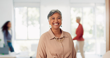 Image showing Senior business woman, leadership and smile for management, vision or success at the office. Portrait of elderly female CEO smiling in happiness for creative corporate startup at the workplace