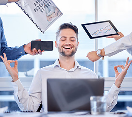 Image showing Relax, lotus and business man in office meditation for time management, office balance or peace at his desk. Calm worker, happy person or manager stress relief on technology, documents or chaos hands
