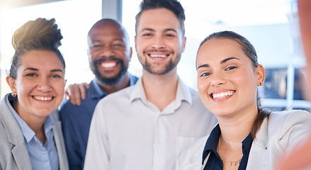 Image showing Business people, face and portrait smile for selfie, profile picture or vlog together at the office. Happy group of employee workers smiling for photo, memory or online social media post at workplace