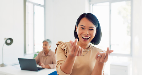 Image showing Creative asian woman, smile and peace signs walking into the office for happy, excited or positive vibes. Employee Japanese woman showing heart shape hand emoji and smiling in positivity for startup