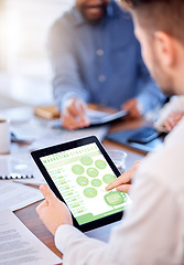 Image showing Marketing, strategy and a tablet in the hands of a business man during a meeting in the boardroom. Graphic, illustration and statistics with a male employee doing research while planning at work