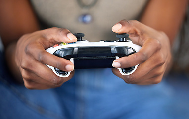 Image showing Woman, video games and control in hands playing with home wifi for online gaming, gamepad and relax. Gamer person with console, joystick or remote for esports, streaming and cyber or digital world