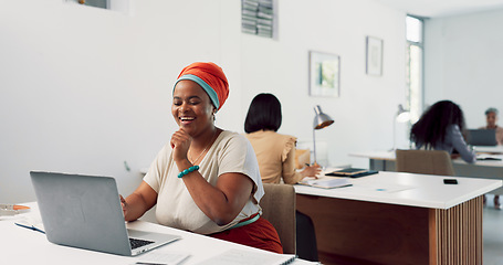 Image showing Happy, coworking office and digital marketing worker on a computer smile about goal and web success. Business employee, black woman and work email typing of a person busy with web design strategy