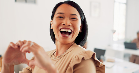 Image showing Creative asian woman, smile and peace signs walking into the office for happy, excited or positive vibes. Employee Japanese woman showing heart shape hand emoji and smiling in positivity for startup