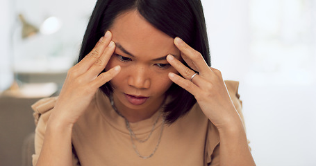 Image showing Stress, headache and asian woman on laptop in office with 404 technology glitch. Tired business worker, burnout and computer mistake with anxiety, fatigue and depression of problem, crisis and doubt