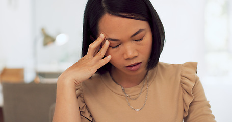 Image showing Stress, headache and asian woman on laptop in office with 404 technology glitch. Tired business worker, burnout and computer mistake with anxiety, fatigue and depression of problem, crisis and doubt