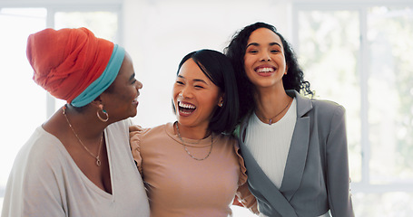 Image showing Partnership, portrait and business women walking in office, happy and excited for startup vision. Face, diversity and girl team laughing while coworking for goal, mission small business idea together