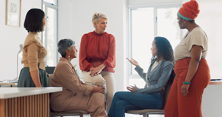 Image showing Business women, diversity and conversation with collaboration and business meeting with team in workplace. Business people, talking and listening with teamwork, communication and team building