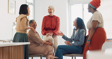 Image showing Business women, diversity and conversation with collaboration and business meeting with team in workplace. Business people, talking and listening with teamwork, communication and team building