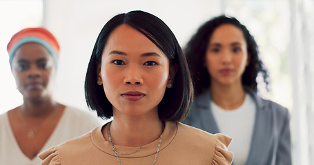 Image showing Asian woman, portrait and business person with a happy smile at busy office as corporate leader. Female entrepreneur as startup company manager during Christmas holiday for growth and development