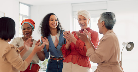 Image showing Business team, celebration and woman high five of office team success with motivation. Small business, happy women and marketing agency happy about company growth, innovation and vision together