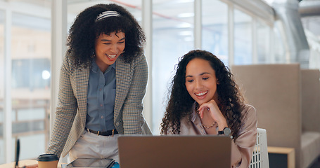 Image showing Creative business woman, laptop and high five for teamwork, strategy or idea together at office. Happy employee women designers with smile in celebration, applause or clapping by computer for startup