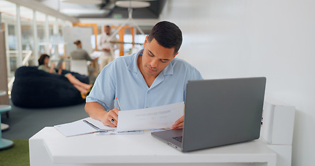 Image showing Office documents, laptop and man writing feedback review of business savings, budget or finance portfolio. Accounting, administration and startup accountant working on financial research paperwork