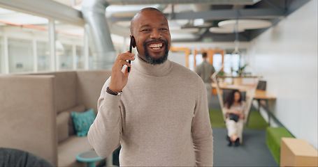 Image showing Business man, phone call and office worker doing mobile networking and communication for work. Online, businessman and financial advisor talking and planning on a cellphone in coworking space