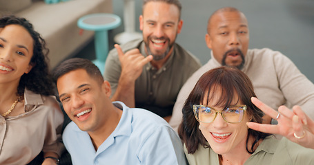 Image showing Collaboration, creative and face of happy team having fun together in the corporate office. Team building, happiness and portrait of business people with goofy, crazy and silly gesture in workplace.