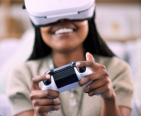 Image showing Virtual reality, hands and video games in home with black woman for metaverse, ar and ux gaming. Gamer person with console and vr headset for cyber or 3d digital world streaming with futuristic tech