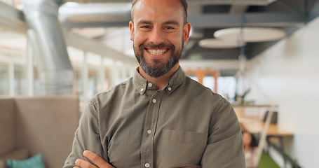 Image showing Creative business, leadership and portrait of man laugh with crossed arms for vision, goals and mission. Success, marketing startup and happy male entrepreneur smile for planning, ideas and mindset