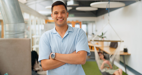 Image showing Creative workplace, leadership and portrait of business man with crossed arms for vision, goals and mission. Success, marketing startup and happy male entrepreneur laugh for pride, ideas and mindset