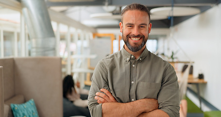 Image showing Creative business, leadership and portrait of man laugh with crossed arms for vision, goals and mission. Success, marketing startup and happy male entrepreneur smile for planning, ideas and mindset