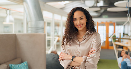 Image showing Creative business, leadership and portrait of black woman with crossed arms for vision, goals and mission. Success, marketing startup and face of happy female entrepreneur with smile, pride and ideas