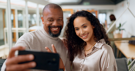 Image showing Selfie, friends and peace with a black business team in an office, posing together for a picture at work. Self portrait, teamwork and smile with a man and woman employee taking a company photograph