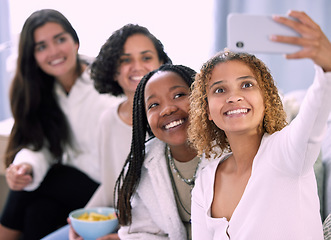 Image showing Woman, friends and smile for selfie, profile picture or vlog together relaxing on living room sofa at home. Happy women smiling for photo, memory or online social media post in friendship indoors